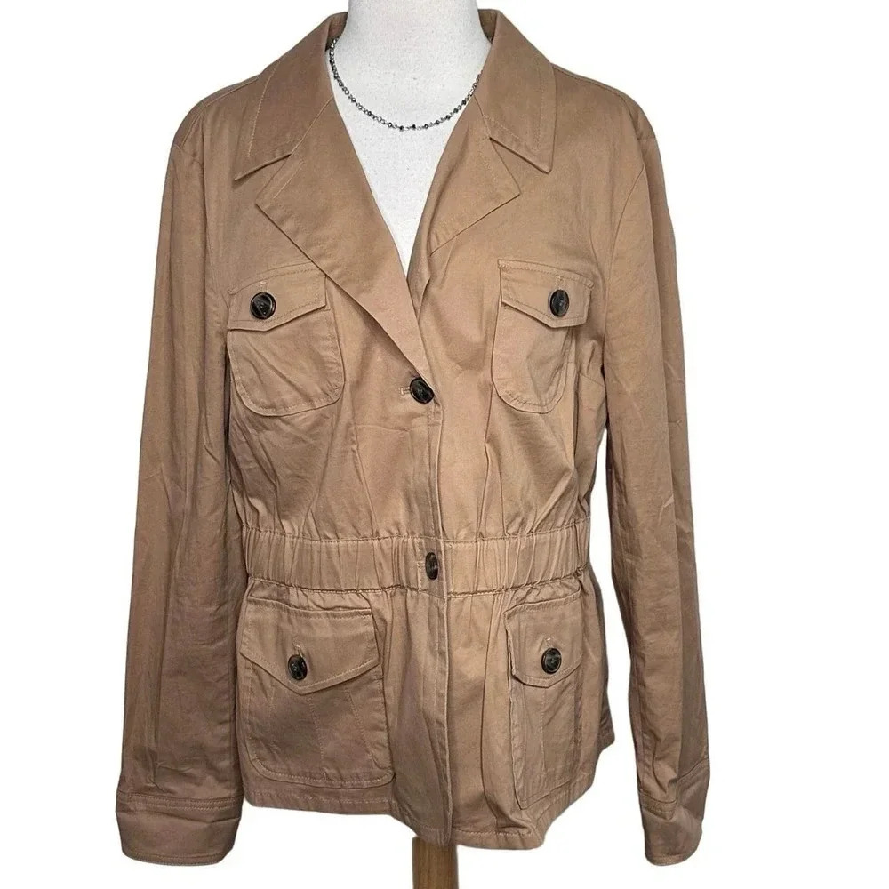 Charter Club Utility Jacket XL Tan Cotton Stretch Cinched Waist Safari Field
